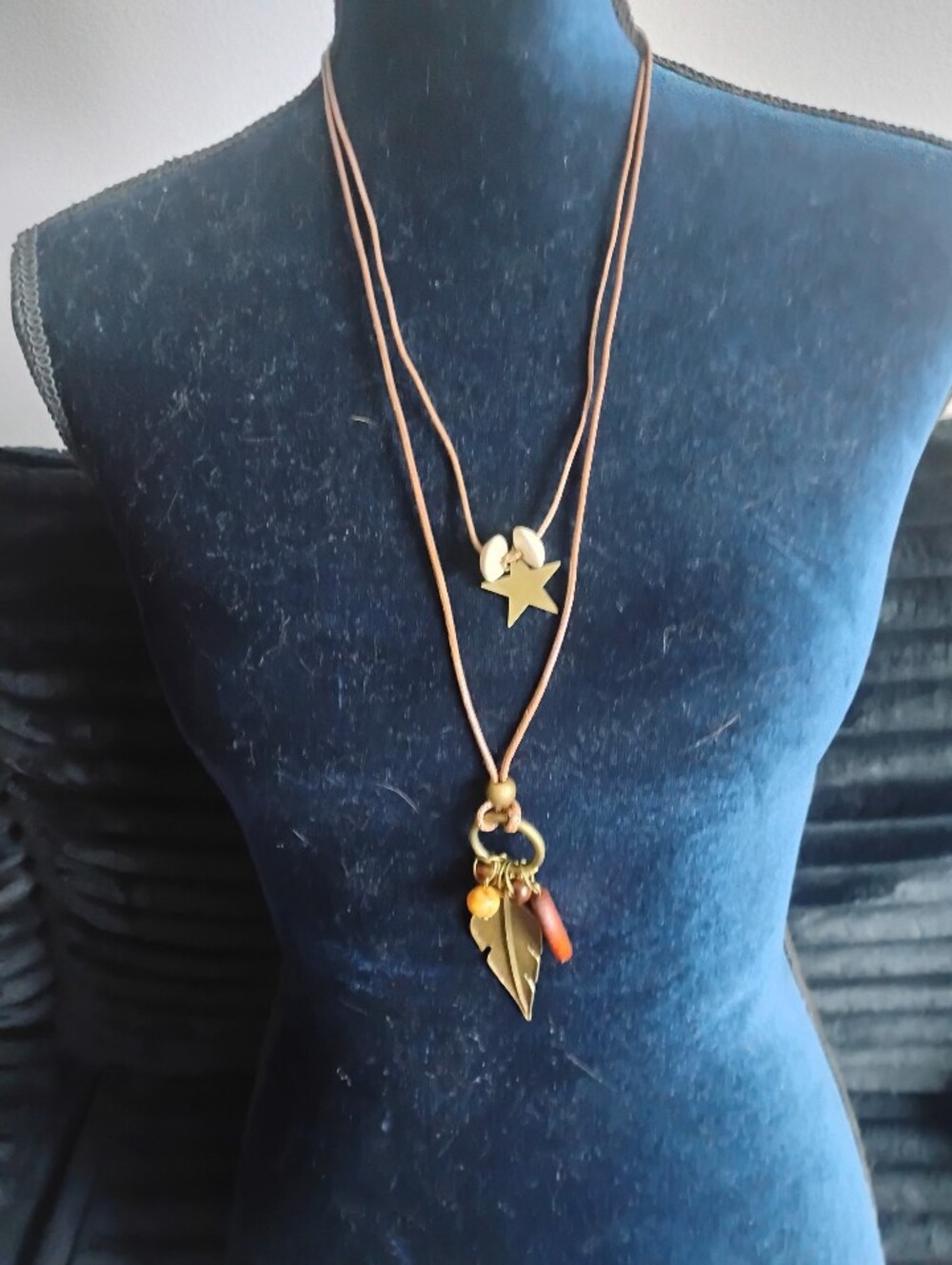 Layered Brown Leather Star & Leaf Pendant Necklace